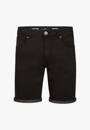 Schwarze Jeansshorts mit umgeschlagenem Saum, ausgestattet mit einem silbernen Knopf, Vordertaschen und kontrastierender Naht. Material aus Baumwollmischung.