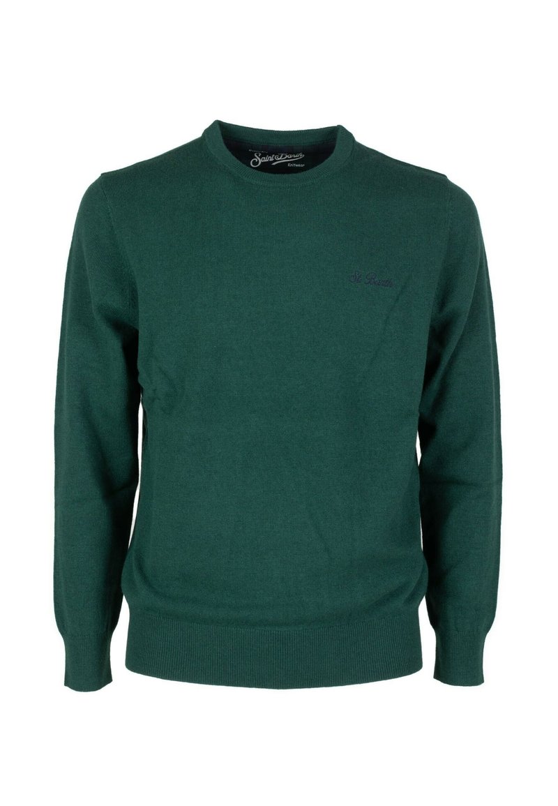 Maglione verde lavorato a maglia con scollatura rotonda, polsini e orlo a coste. Presenta un ricamo del logo discreto sul petto. Texture morbida.