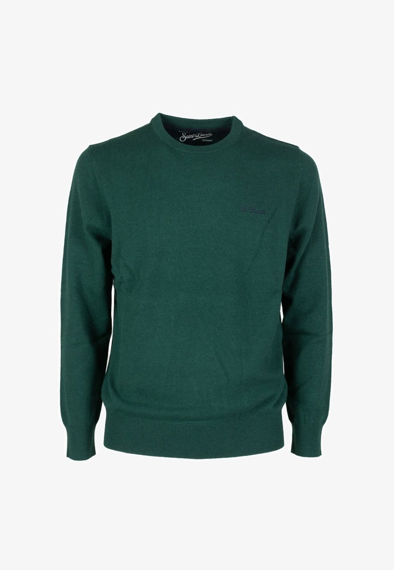 Maglione verde lavorato a maglia con scollatura rotonda, polsini e orlo a coste. Presenta un ricamo del logo discreto sul petto. Texture morbida.