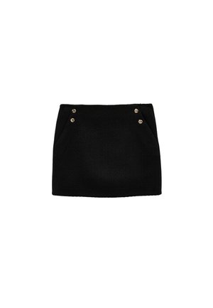 Sort mininederdel med to forlommer, hver pyntet med to små guldknapper på en ensfarvet hvid baggrund.