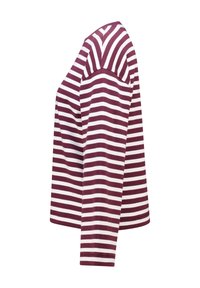 Langärmeliges Hemd mit burgunderroten und weißen Streifen, aus weichem Stoff gefertigt. Verfügt über einen runden Halsausschnitt und eine lockere Passform mit einem markanten Detail auf der Rückseite.