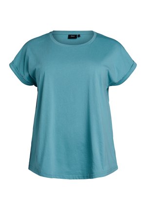 T-shirt azzurro chiaro a maniche corte con scollatura rotonda, realizzato in tessuto morbido, con maniche arrotolate e un design a vestibilità rilassata.