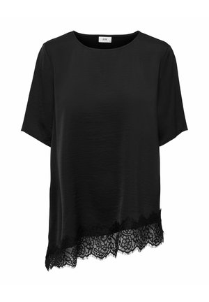 Schwarze Kurzarmbluse mit rundem Ausschnitt und asymmetrischem Saum mit schwarzer Blumen-Spitze.