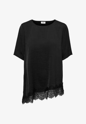 Blouse noire à manches courtes avec encolure ronde et ourlet asymétrique orné d'une bordure en dentelle florale noire.