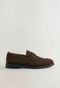 Dark brown suede leather loafer with black sole and a front strap detail, shown from side view on a plain light background.