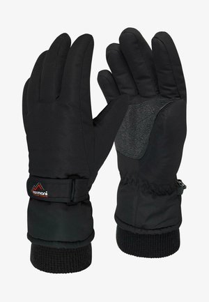 Schwarze isolierte Handschuhe mit rutschfester Beschichtung auf der Handfläche, elastischem Bündchen und verstellbarem Riemen. Hergestellt aus wasserdichtem Material für kaltes Wetter.