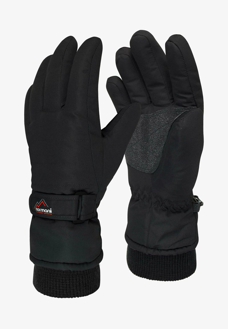 Schwarze isolierte Handschuhe mit glatter Außenschale, gerippten Bündchen und einer strukturierten grauen Griffpolsterung auf der Handfläche. Mit verstellbaren Handgelenkriemen ausgestattet.