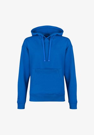 Blauer langärmeliger Hoodie mit Kängurutasche vorne und verstellbarer Kapuze mit Kordelzug, dargestellt vor weißem Hintergrund.