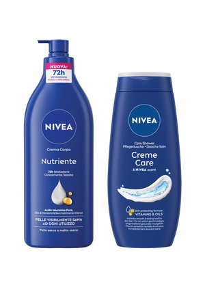 Crema corpo NIVEA in una bottiglia blu con un erogatore, etichettata "Nutriente." Accanto, una bottiglia blu di "Creme Care" con un accento bianco curvo.