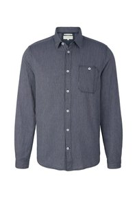 Camicia button-up a maniche lunghe, di un blu navy scuro, con un motivo testurizzato, taschino sul petto e bottoni bianchi. Vestibilità su misura con colletto classico.