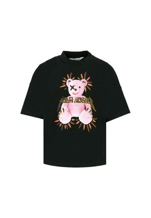 T-shirt nera a maniche corte con un orsetto rosa con un occhio barrato e il testo "PALM ANGELS" in raggi gialli e rosa.