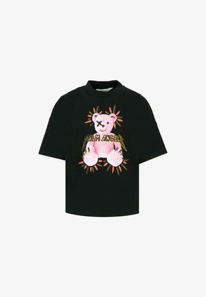 T-shirt noir à manches courtes avec un ours en peluche rose présentant un œil barré et le texte "PALM ANGELS" en rayons jaunes et roses.