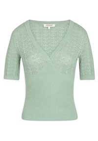Korte mouw, lichtgroene gebreide top met een V-hals, met een gestructureerd patroon en ribbelafwerking langs de zoom en mouwen.