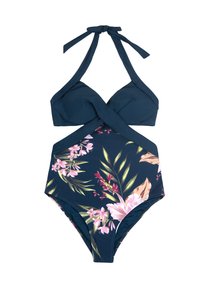 Cupshe CUPSHE GEBLÜMTER MIT WICKELAUSSCHNITT VORNE - Jednodílné plavky - dark blue