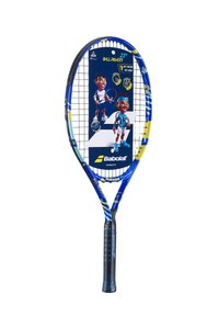 Babolat Tennisracket mit 23 Zoll, ausgestattet mit einem blauen und gelben Rahmen, einem strukturierten schwarzen Griff und Grafiken von Cartoonfiguren auf der Verpackung.