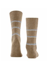 Calzini marroni con costine verticali, caratterizzati da tre strisce orizzontali in azzurro chiaro e bianco. Morbido al tatto, progettati per il comfort.