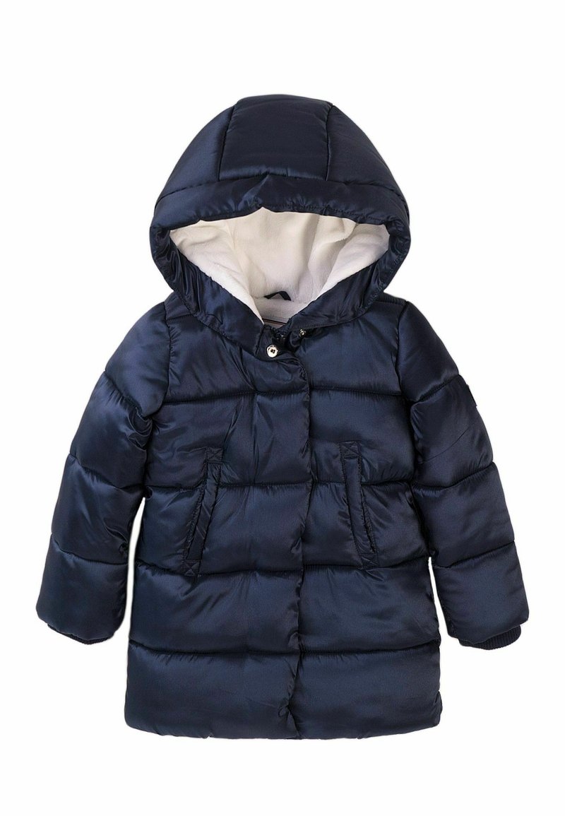 Manteau d'hiver matelassé bleu marine avec capuche doublée en polaire blanche, poches avant et fermeture à boutons, conçu pour le temps froid.