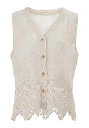 Ärmellose beige Bluse mit floraler Stickerei, Knopfverschluss, gezacktem Häkelabschluss und Spitzenbesatz entlang des Ausschnitts und vorne.