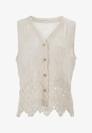 Ärmellose beige Bluse mit floraler Stickerei, Knopfverschluss, gezacktem Häkelabschluss und Spitzenbesatz entlang des Ausschnitts und vorne.