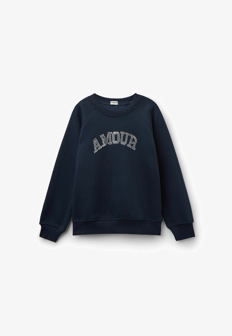 Sweat-shirt bleu marine avec un col rond, des manches longues et le mot "AMOUR" en strass sur la poitrine. Texture ultra douce.
