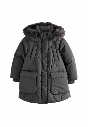Manteau d'hiver matelassé noir avec grandes poches avant et une capuche bordée de fausse fourrure foncée, présenté sur fond blanc.