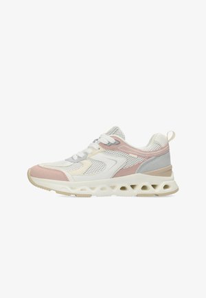 Sneaker aus Mesh und Wildleder in Weiß, Pink und Grau. Verfügt über ein strukturiertes Obermaterial, einen gepolsterten Kragen und ein leichtes, perforiertes Sohlen-Design.
