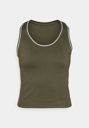 Olive green tank top with a round neckline and white accent stitching. Made from a smooth, stretch fabric, featuring a fitted design.