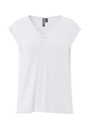 Hvid ærmeløs V-hals skjorte med blonder langs halsudskæringen, afslappet pasform og mærkelabel "PIECES" synlig inde ved kraven.