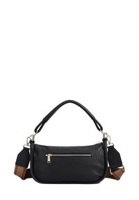 Borsa a mano in pelle nera con forma curva, dotata di una tasca frontale con zip e una tracolla decorativa in tessuto a fantasia. Dettagli in hardware dorato.