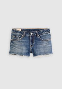 Short en jean bleu déchiré aux ourlets effilochés, fermeture par bouton et zip, avec poches avant et arrière, présenté sur un fond clair uni.