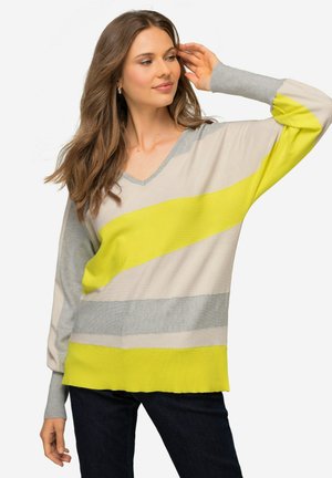 V-hals lange mouwen gebreide trui met horizontale grijze, beige en felgele strepen. Zachte textuur met een relaxte pasvorm.