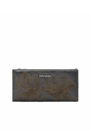 Sort Desigual-pung med brune, broderede blomster-mønstre og metal-logo centreret på forsiden, rektangulær og lukket, ingen personer synlige.