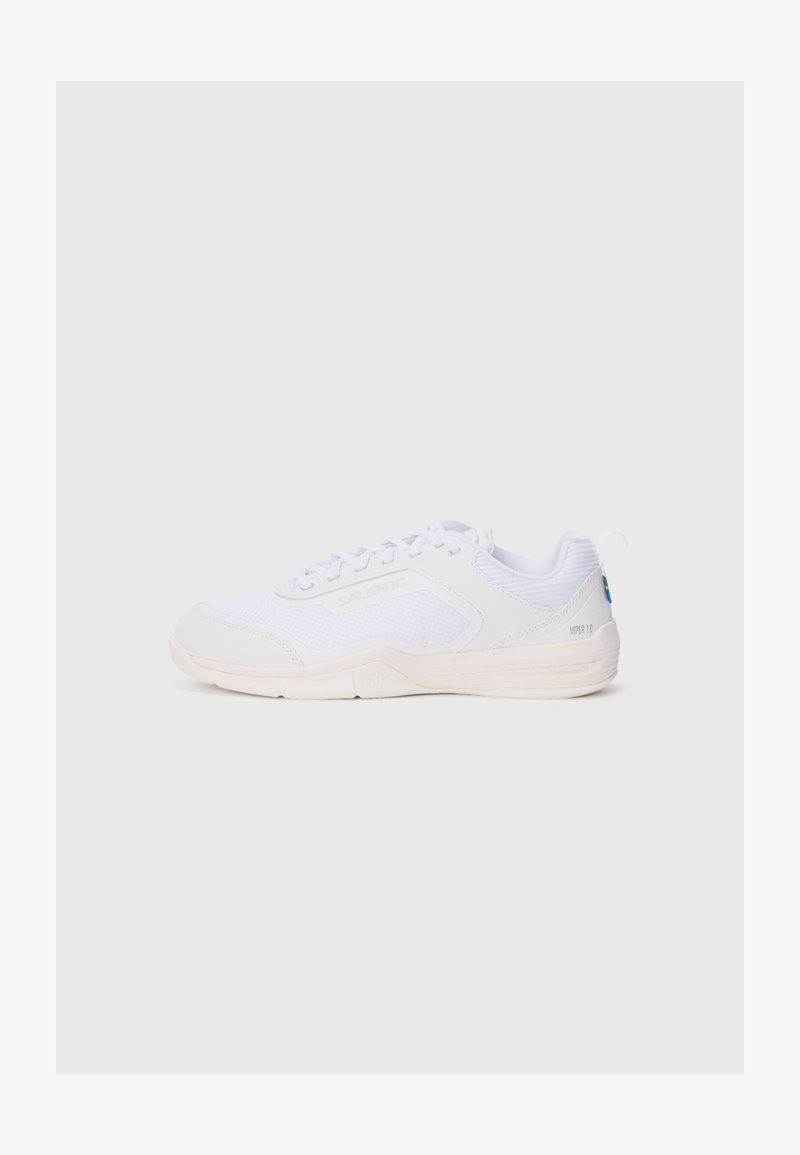 White athletic shoes with a mesh upper and rubber sole. Minimalist design featuring laces and branding on the side and heel.