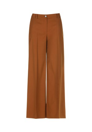 Pantalons larges marron avec une texture lisse, présentant des plis à l'avant et une fermeture à un bouton à la taille.