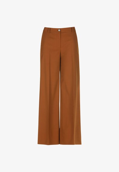 Brahmatās bikses ar plašām kājām un gludu tekstūru, ar priekšējiem krokām un vienu pogu aizdari viduklī.