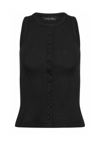 Haut noir sans manches côtelé à col rond avec fermeture boutonnée à l'avant, taille UK 8, EUR 36, US 4.