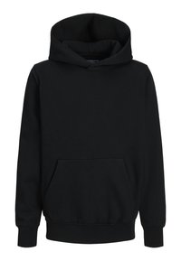 Haut à capuche noir en matière douce, doté d'une grande poche frontale, de poignets côtelés et d'une capuche à cordon de serrage. Texture lisse et design simple.