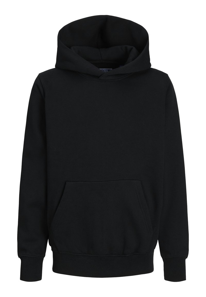 Haut à capuche noir en matière douce, doté d'une grande poche frontale, de poignets côtelés et d'une capuche à cordon de serrage. Texture lisse et design simple.