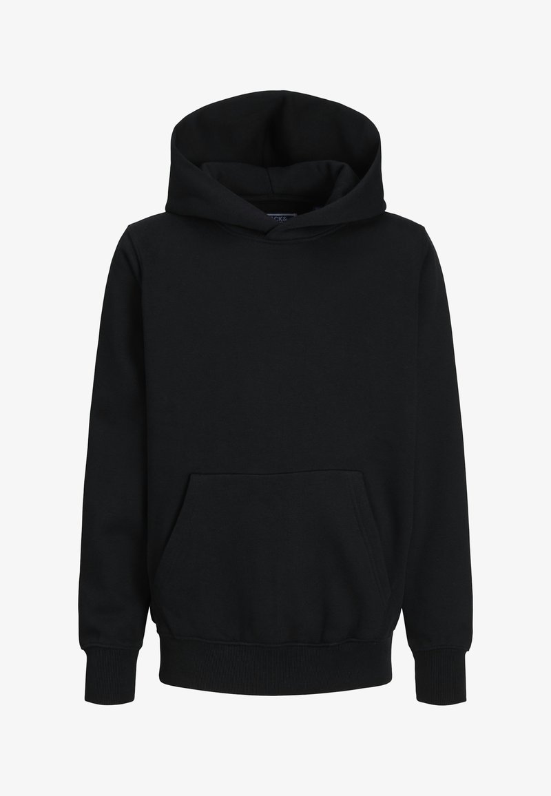 Black hoodie made of soft material, featuring a large front pocket, ribbed cuffs, and a drawstring hood. Smooth texture and simple design.