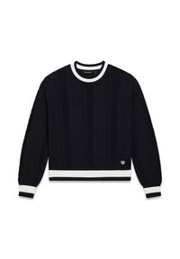 Maglione blu navy lavorato a maglia con motivo a trecce, polsini e orlo a coste bianchi a righe, con un dettaglio a forma di cuore nella trama del tessuto.