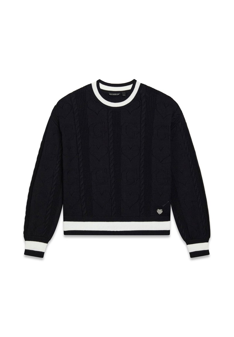 Maglione blu navy lavorato a maglia con motivo a trecce, polsini e orlo a coste bianchi a righe, con un dettaglio a forma di cuore nella trama del tessuto.