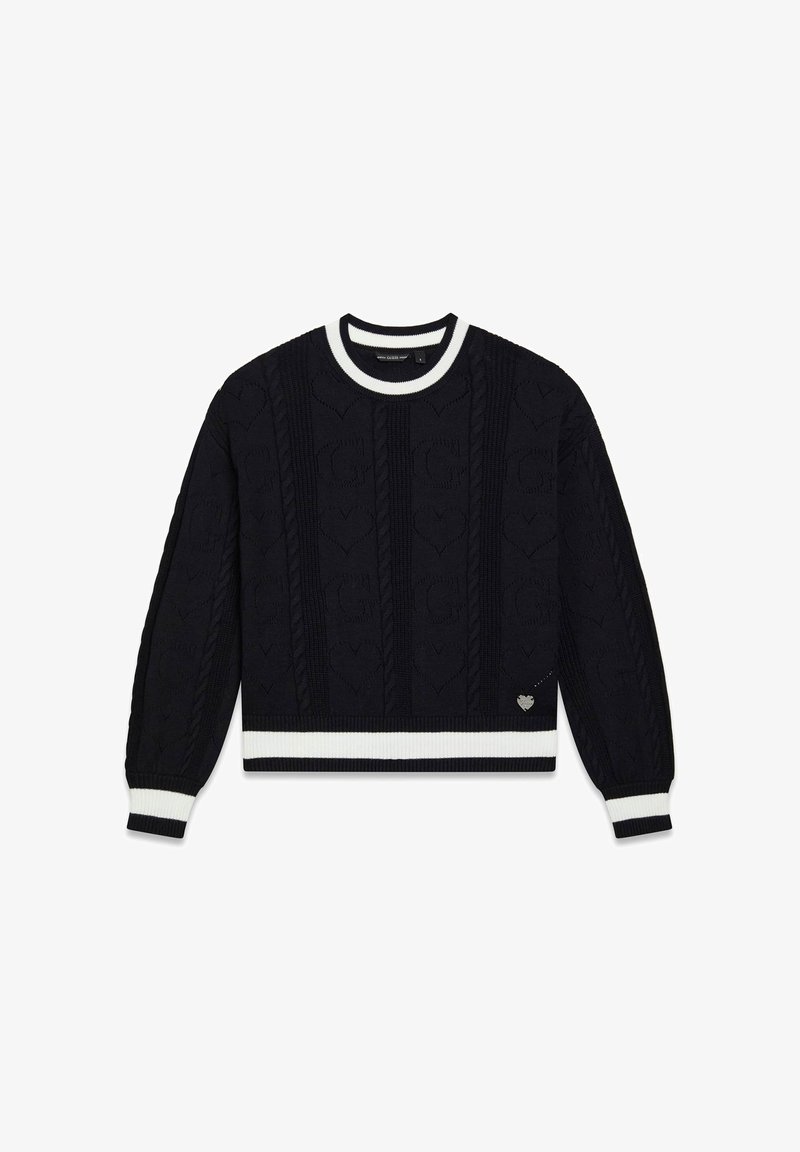 Maglione blu navy lavorato a maglia con motivo a trecce, polsini e orlo a coste bianchi a righe, con un dettaglio a forma di cuore nella trama del tessuto.