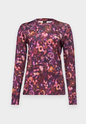 Chemise à manches longues avec un motif vibrant et tourbillonnant dans des nuances de violet, rose et orange. Fabriquée en tissu doux avec un col rond.