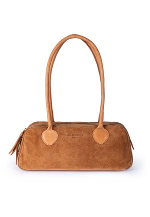 Brown suede rectangular handbag with long rounded handles, leather accents, and a zipper closure on top.