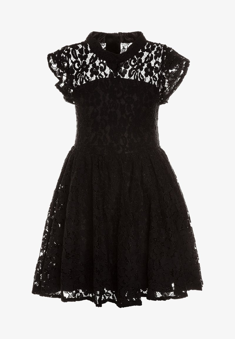 Robe en dentelle noire à motif floral, manches courtes, taille ajustée et jupe évasée. Encolure en V avec dentelle transparente aux épaules.