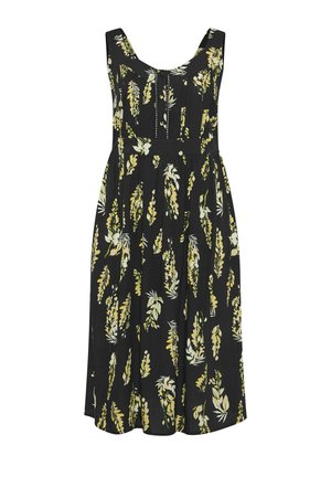 Robe midi noire sans manches avec imprimé floral jaune et blanc et détails à boutons sur le devant.