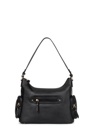 Sac à bandoulière en cuir noir avec une poche zippée à l'avant et deux petites poches latérales zippées, avec des tirettes de fermeture éclair dorées et une sangle réglable.