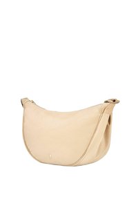 Beżowa skórzana torba na ramię o zaokrąglonym kształcie, subtelnej teksturze i złotym zamek błyskawiczny na jednym końcu. Gładkie wykończenie bez widocznych elementów metalowych.