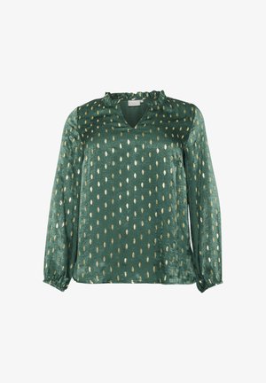 Blusa verde in satin con scollo a V, colletto arricciato e maniche lunghe. Presenta decorazioni con motivo a foglia dorata su tutta la superficie. Tessuto morbido.