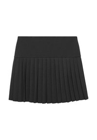 Zwarte geplooide minirok met brede platte tailleband, knielengte en gelijkmatig verdeelde verticale plooien.